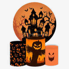 Aperturee - Aperturee Orange and Black Haunted House Halloween Round Backdrop Kit Spooky Jack-O-Lantern Pedestal Covers Party Decor