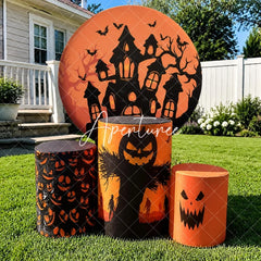 Aperturee - Aperturee Orange and Black Haunted House Halloween Round Backdrop Kit Spooky Jack-O-Lantern Pedestal Covers Party Decor