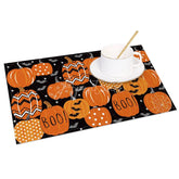 Aperturee - Aperturee Orange and Black Pumpkin Bat Halloween Set of 4 Placemats for Spooky Holiday Dining and Party Decor