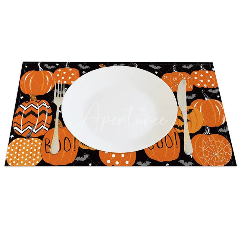 Aperturee - Aperturee Orange and Black Pumpkin Bat Halloween Set of 4 Placemats for Spooky Holiday Dining and Party Decor