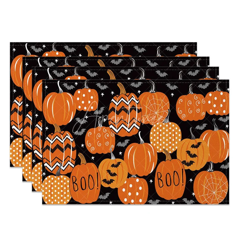 Aperturee - Aperturee Orange and Black Pumpkin Bat Halloween Set of 4 Placemats for Spooky Holiday Dining and Party Decor