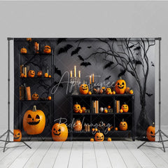 Aperturee - Aperturee Orange and Black Spooky Halloween Holiday Backdrop with Carved Pumpkins Flying Bats and Eerie Tree Decor