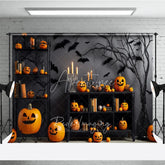 Aperturee - Aperturee Orange and Black Spooky Halloween Holiday Backdrop with Carved Pumpkins Flying Bats and Eerie Tree Decor
