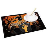 Aperturee - Aperturee Orange and Black Witch and Bats Halloween Set of 4 Placemats for Spooky Holiday Party Decorations