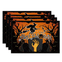 Aperturee - Aperturee Orange and Black Witch and Bats Halloween Set of 4 Placemats for Spooky Holiday Party Decorations