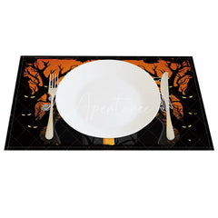 Aperturee - Aperturee Orange and Black Witch and Bats Halloween Set of 4 Placemats for Spooky Holiday Party Decorations