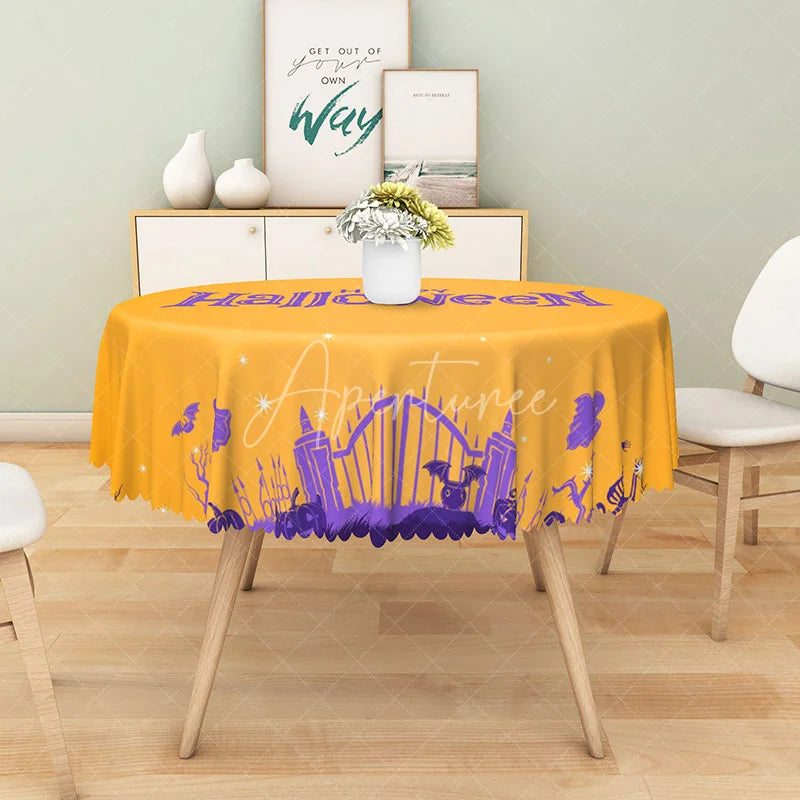 Aperturee - Aperturee Orange and Purple Halloween Round Tablecloth with Dancing Skeletons and Ghosts for Fun Spooky Decor