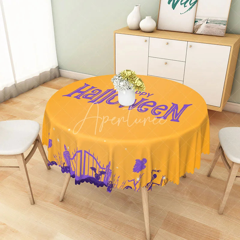 Aperturee - Aperturee Orange and Purple Halloween Round Tablecloth with Dancing Skeletons and Ghosts for Fun Spooky Decor