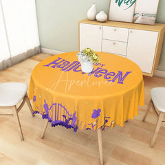Aperturee - Aperturee Orange and Purple Halloween Round Tablecloth with Dancing Skeletons and Ghosts for Fun Spooky Decor