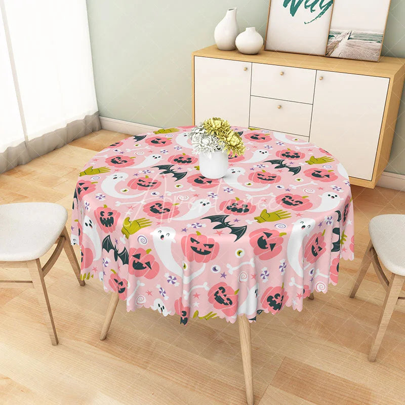 Aperturee - Aperturee Orange and White Jack-O’-Lantern Halloween Round Tablecloth for Spooky and Fun Holiday Party Decor