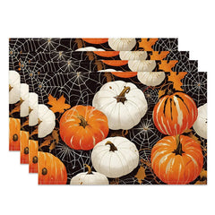 Aperturee - Aperturee Orange and White Pumpkin and Spiderweb Set of 4 Placemats for Halloween and Fall Themed Decor