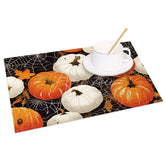 Aperturee - Aperturee Orange and White Pumpkin and Spiderweb Set of 4 Placemats for Halloween and Fall Themed Decor