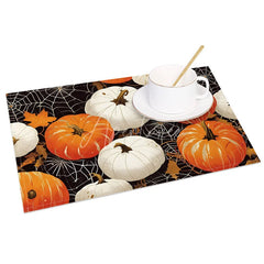 Aperturee - Aperturee Orange and White Pumpkin and Spiderweb Set of 4 Placemats for Halloween and Fall Themed Decor