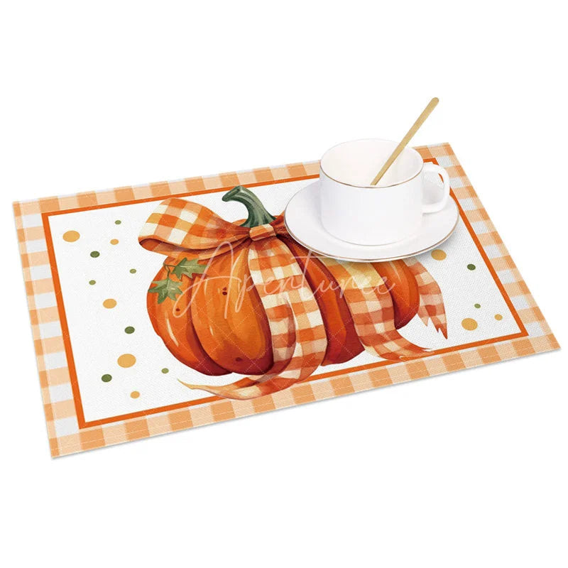 Aperturee - Aperturee Orange and White Pumpkin with Bow Set of 4 Placemats for Cute Fall and Autumn Themed Kitchen Decor
