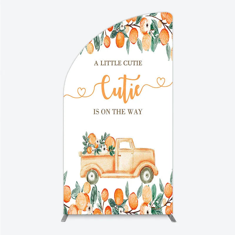 Aperturee - Aperturee Orange Citrus Greenery Half Moon Arch Backdrop with Rustic Truck A Little Cutie Is On The Way Baby Shower Decor