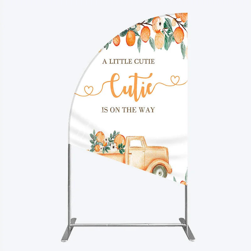Aperturee - Aperturee Orange Citrus Greenery Half Moon Arch Backdrop with Rustic Truck A Little Cutie Is On The Way Baby Shower Decor