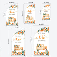 Aperturee - Aperturee Orange Citrus Greenery Half Moon Arch Backdrop with Rustic Truck A Little Cutie Is On The Way Baby Shower Decor
