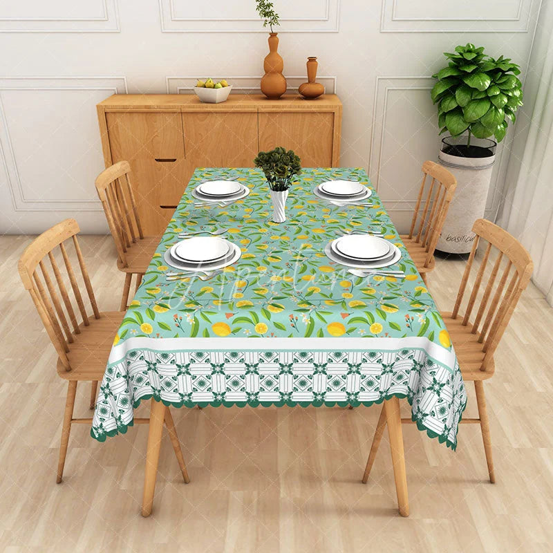Aperturee - Aperturee Orange Citrus Rectangle Tablecloth Teal Botanical Leaf Dining Table Cloth Decor