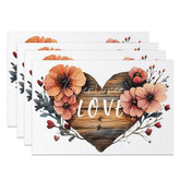 Aperturee - Aperturee Orange Floral Wooden Heart Set of 4 Placemats Love Sign Valentine Decoration Rustic Farmhouse Table Mat