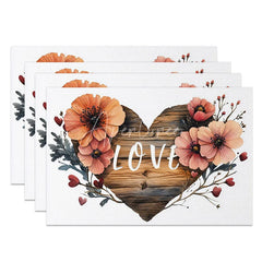 Aperturee - Aperturee Orange Floral Wooden Heart Set of 4 Placemats Love Sign Valentine Decoration Rustic Farmhouse Table Mat