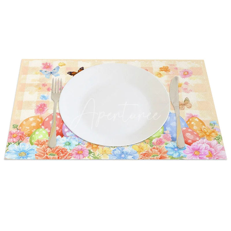 Aperturee - Aperturee Orange Gingham Easter Bunny Set of 4 Placemats Colorful Egg Butterfly Rabbit Table Mats for Spring