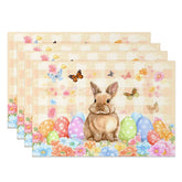 Aperturee - Aperturee Orange Gingham Easter Bunny Set of 4 Placemats Colorful Egg Butterfly Rabbit Table Mats for Spring