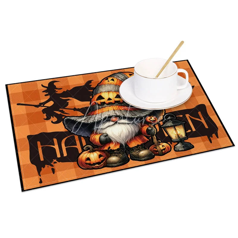 Aperturee - Aperturee Orange Halloween Gnome Set of 4 Placemats with Witch Silhouette for Fun and Spooky Holiday Decor