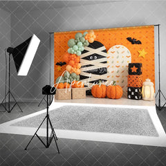 Aperturee - Aperturee Orange Halloween Mummy Photography Backdrop with Pumpkins and Balloons Kids Party Decor