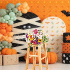 Aperturee - Aperturee Orange Halloween Mummy Photography Backdrop with Pumpkins and Balloons Kids Party Decor