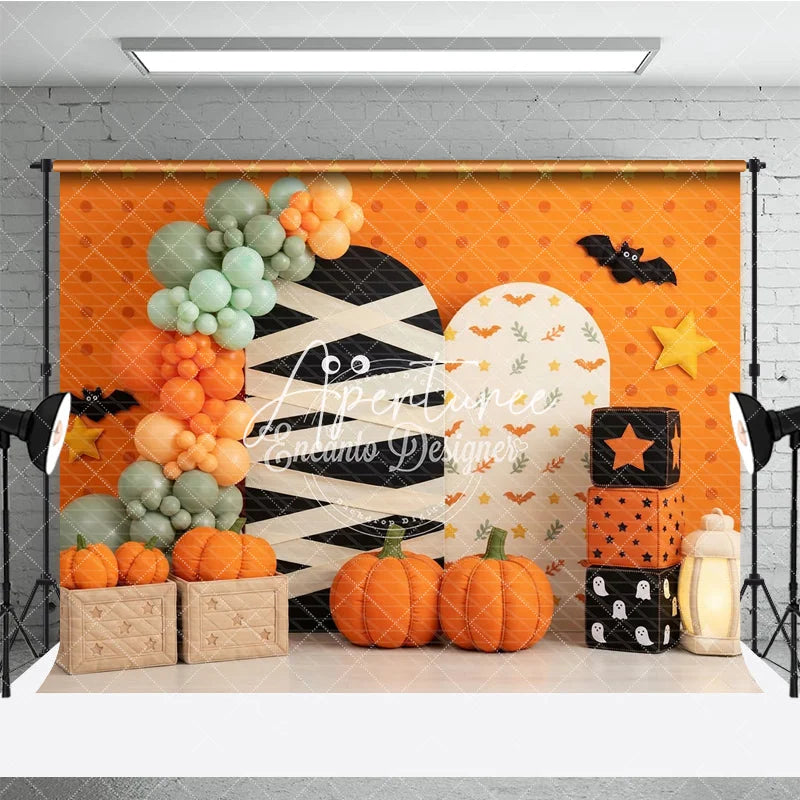 Aperturee - Aperturee Orange Halloween Mummy Photography Backdrop with Pumpkins and Balloons Kids Party Decor