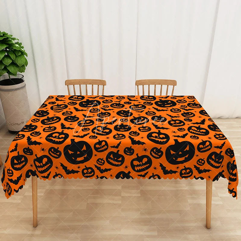 Aperturee - Aperturee Orange Halloween Rectangle Tablecloth with Jack O’ Lantern Print for Fall Harvest and Spooky Party Decor