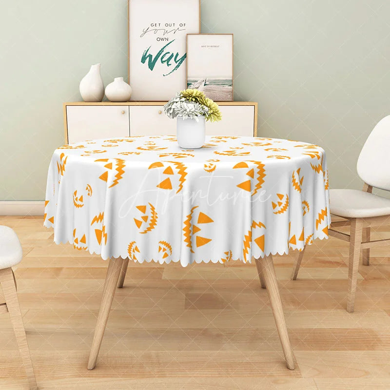 Aperturee - Aperturee Orange Halloween Round Tablecloth with Jack-o’-Lantern Print for Spooky Pumpkin Themed Party Decor