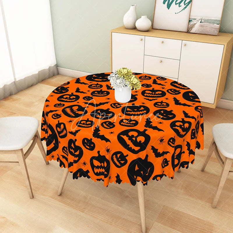Aperturee - Aperturee Orange Halloween Round Tablecloth with Jack-o’-Lanterns Bats and Spiders for Spooky Party Decor