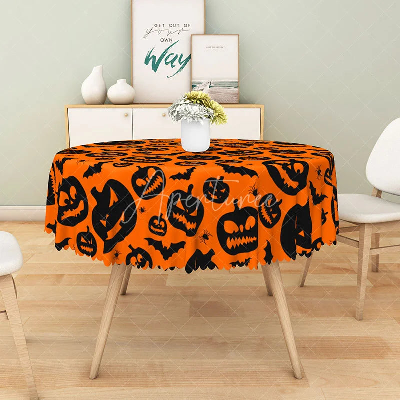 Aperturee - Aperturee Orange Halloween Round Tablecloth with Jack-o’-Lanterns Bats and Spiders for Spooky Party Decor