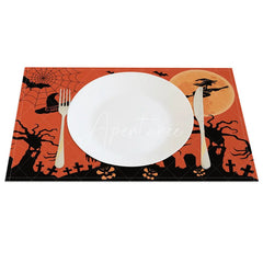Aperturee - Aperturee Orange Halloween Set of 4 Placemats with Spiderweb Witch and Graveyard for Spooky Party Decor