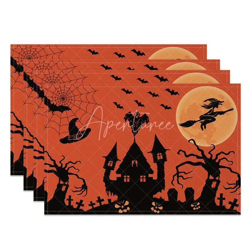 Aperturee - Aperturee Orange Halloween Set of 4 Placemats with Spiderweb Witch and Graveyard for Spooky Party Decor