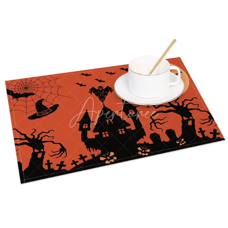 Aperturee - Aperturee Orange Halloween Set of 4 Placemats with Spiderweb Witch and Graveyard for Spooky Party Decor