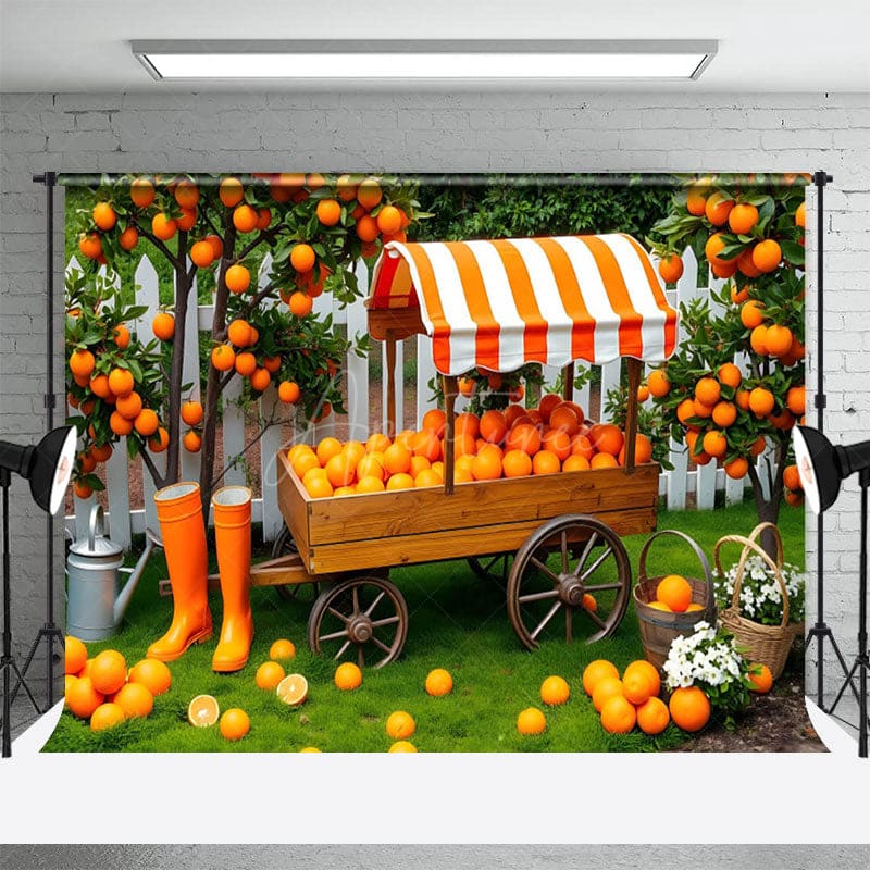 Aperturee - Aperturee Orange Orchard Cart White Fence Photography Backdrop