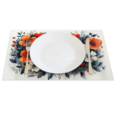 Aperturee - Aperturee Orange White Floral Heart Set of 4 Placemats Wooden Love Valentine Decoration Rustic Spring Table Mat
