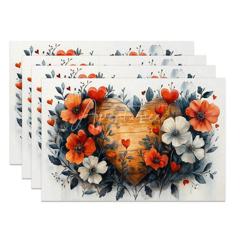 Aperturee - Aperturee Orange White Floral Heart Set of 4 Placemats Wooden Love Valentine Decoration Rustic Spring Table Mat