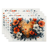 Aperturee - Aperturee Orange White Floral Heart Set of 4 Placemats Wooden Love Valentine Decoration Rustic Spring Table Mat