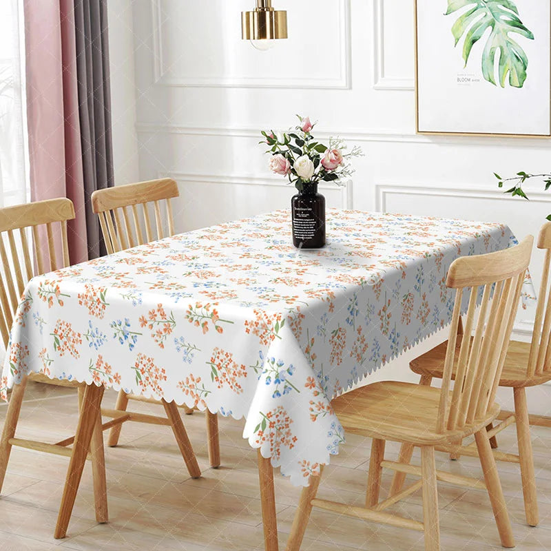 Aperturee - Aperturee Orange Wildflower Rectangle Tablecloth Spring Floral Pattern with Blue Accents Fresh Garden Style Kitchen Dining Decor