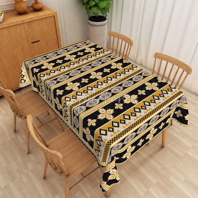 Aperturee - Aperturee Ornate Damask Rectangle Tablecloth Black and Gold Style Pattern Dining Table Decor