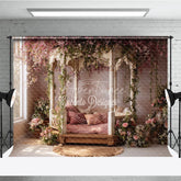 Aperturee - Aperturee Ornate Gazebo Photography Backdrop with Pink Cherry Blossoms and Lush Green Vines Romantic Spring Garden Floral Decor