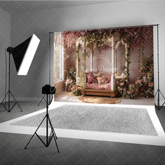 Aperturee - Aperturee Ornate Gazebo Photography Backdrop with Pink Cherry Blossoms and Lush Green Vines Romantic Spring Garden Floral Decor