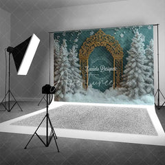 Aperturee - Aperturee Ornate Gold Arch Christmas Backdrop Winter Green Wall Snowy Tree Photography Background