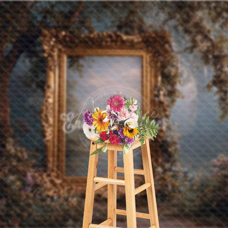 Aperturee - Aperturee Ornate Gold Frame in Enchanted Forest Photography Backdrop Misty Magical Woods Fairytale Wedding Background