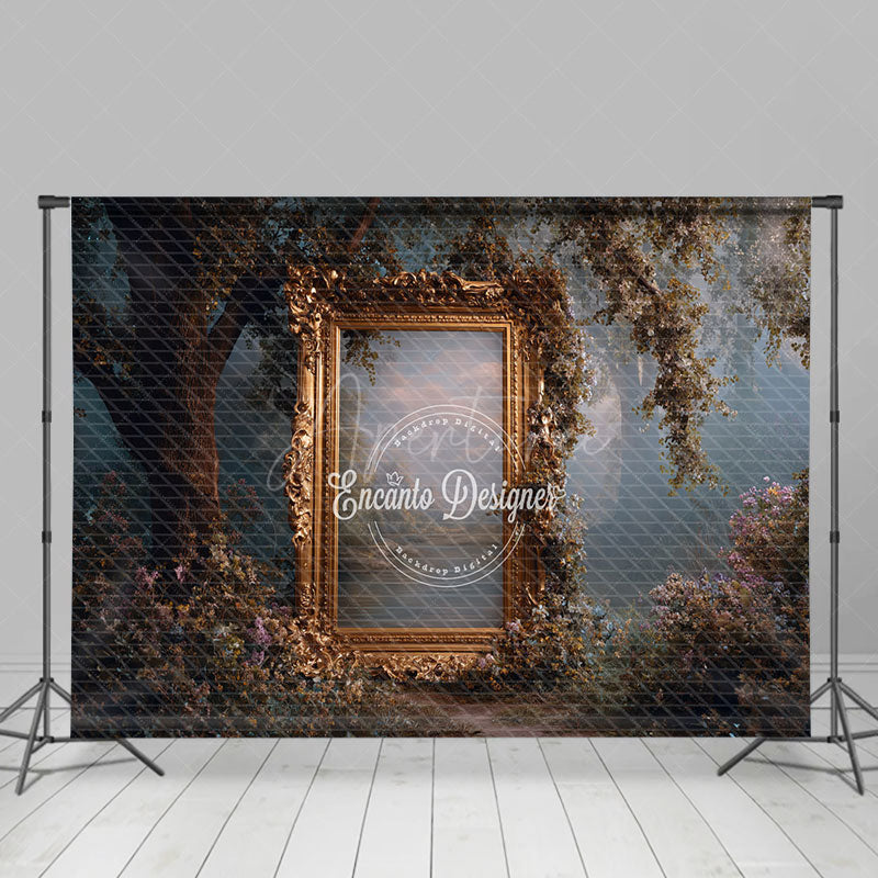 Aperturee - Aperturee Ornate Gold Frame in Enchanted Forest Photography Backdrop Misty Magical Woods Fairytale Wedding Background