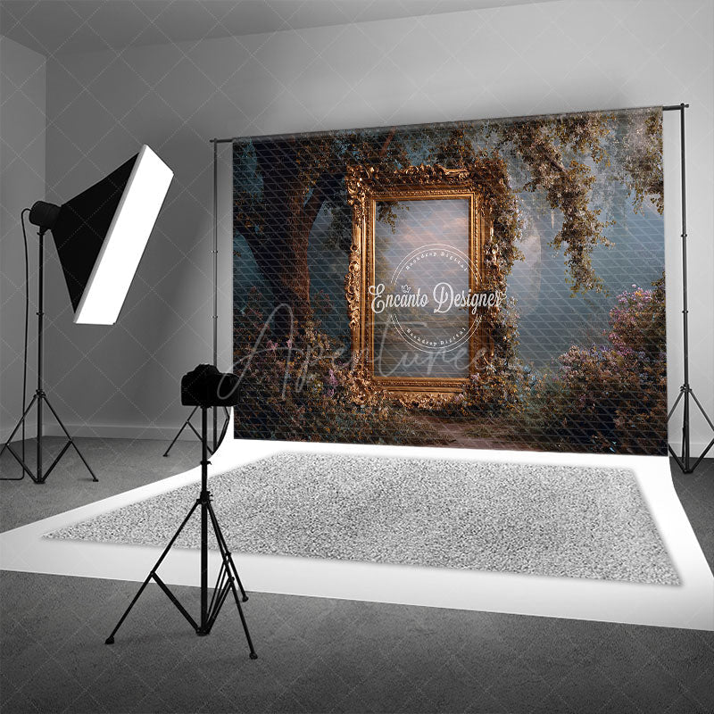 Aperturee - Aperturee Ornate Gold Frame in Enchanted Forest Photography Backdrop Misty Magical Woods Fairytale Wedding Background