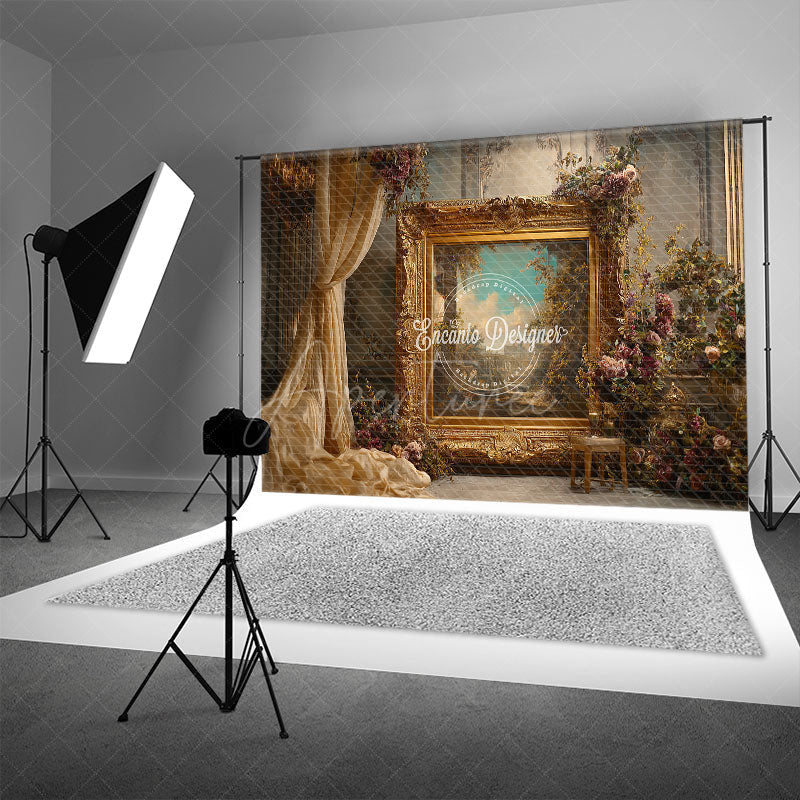 Aperturee - Aperturee Ornate Gold Frame in Palace Photography Backdrop Royal Baroque Wedding Decor Luxury Photo Background